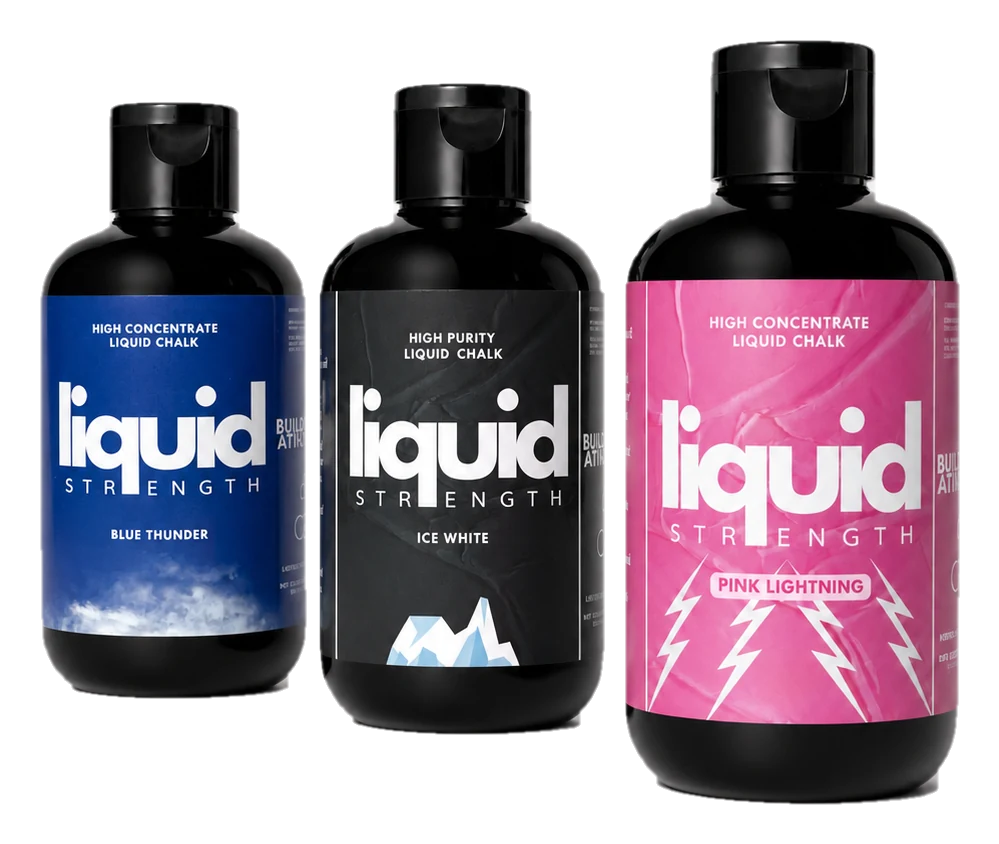 Liquid Strength premium liquid chalk in all three colourways: Blue Thunder, Ice White and Pink Lightning